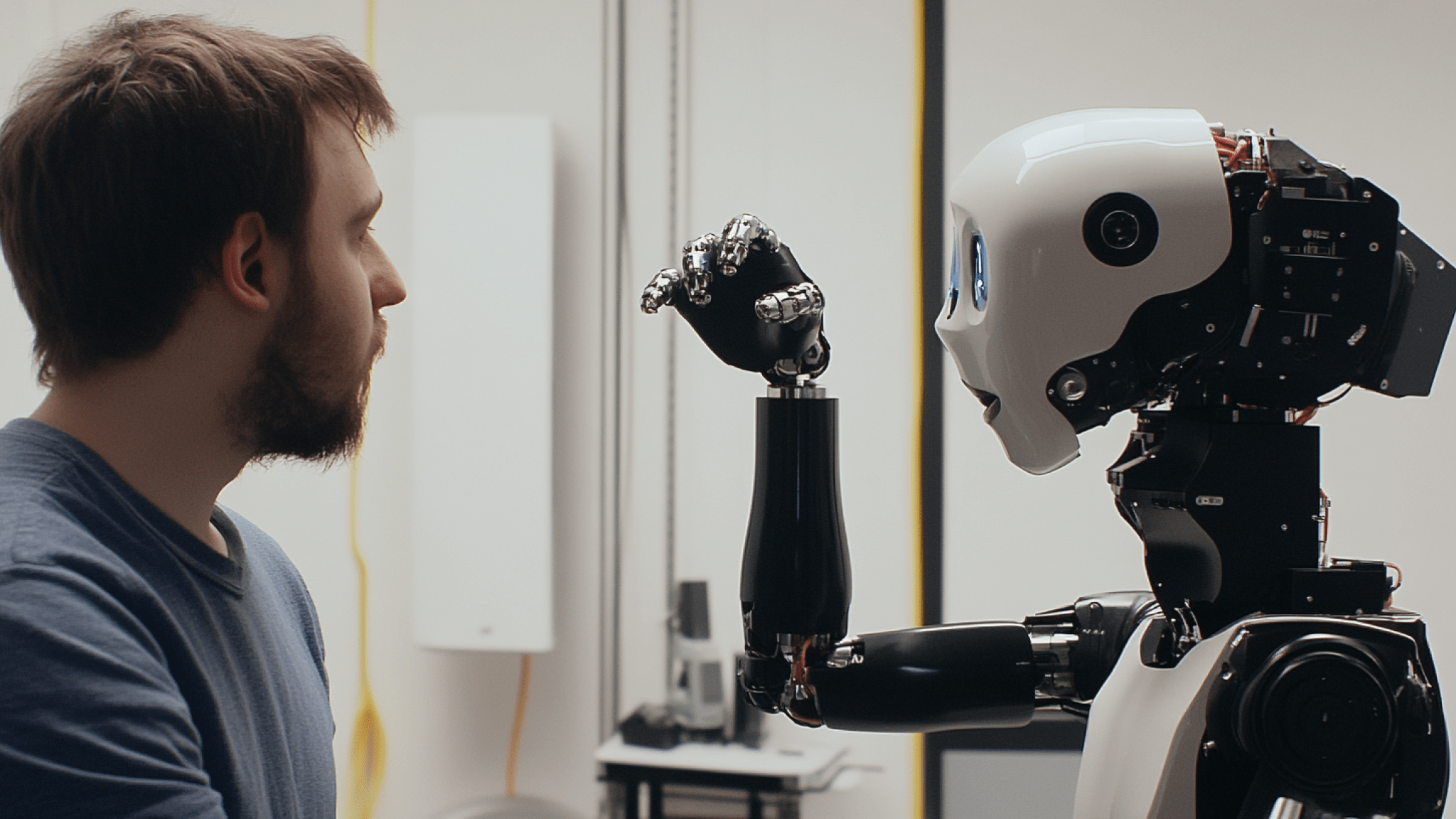 människa och robot som tittar på varandra