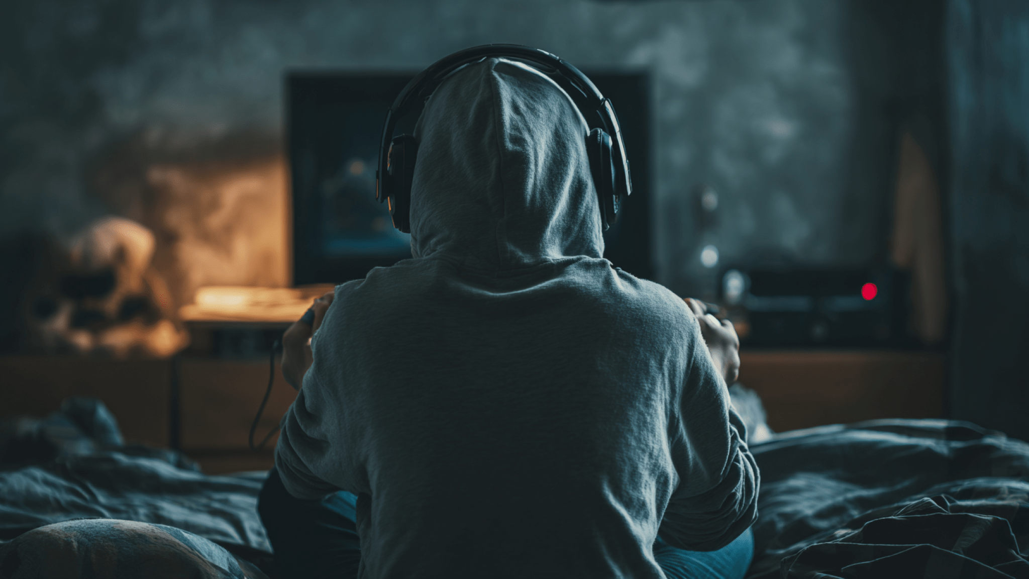 Image produced by generative artificial intelligence Ryggbild på ungdom i luvtröja framför dator