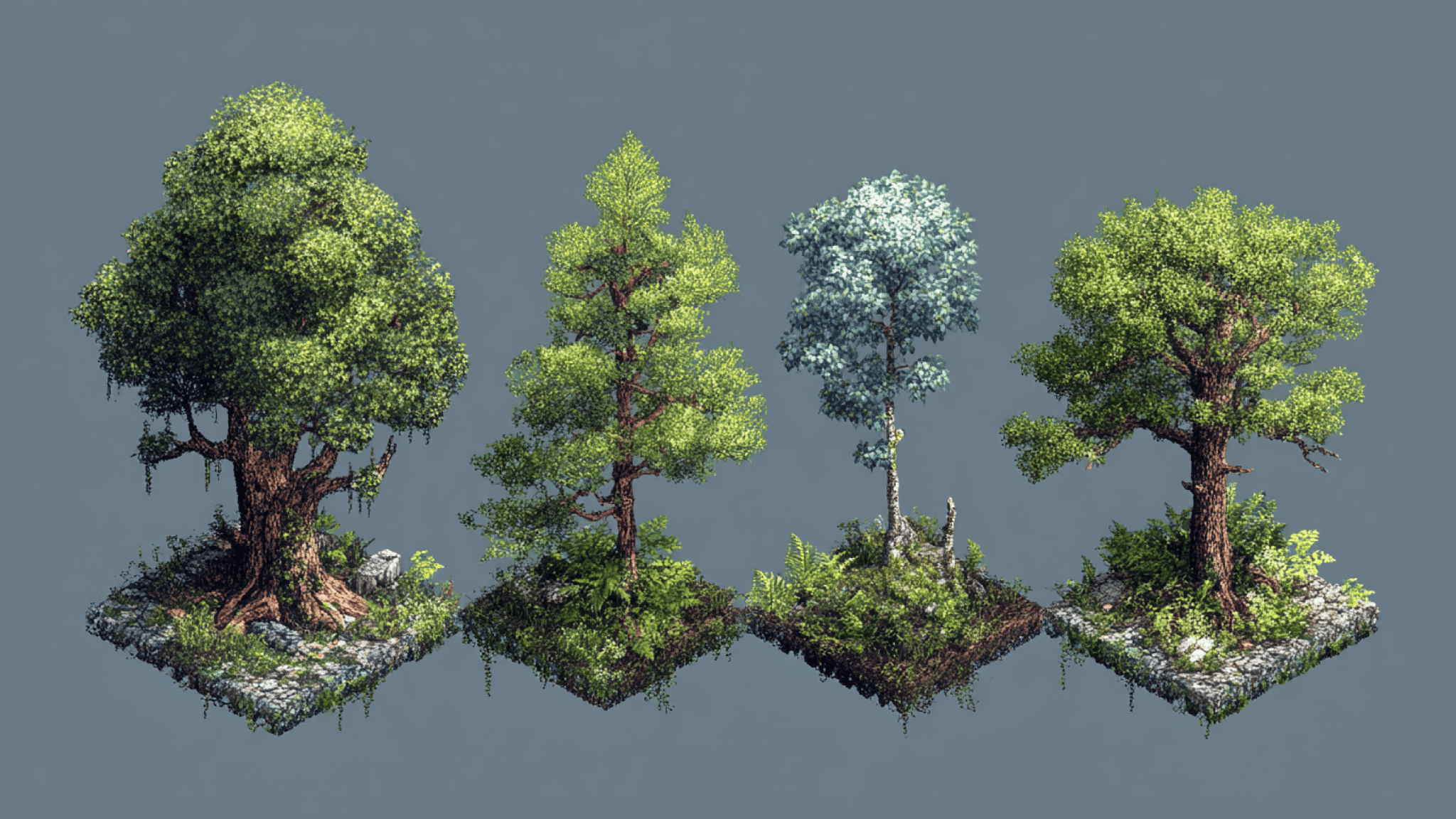 Image produced by generative artificial intelligence Bilder på fyra olika träd