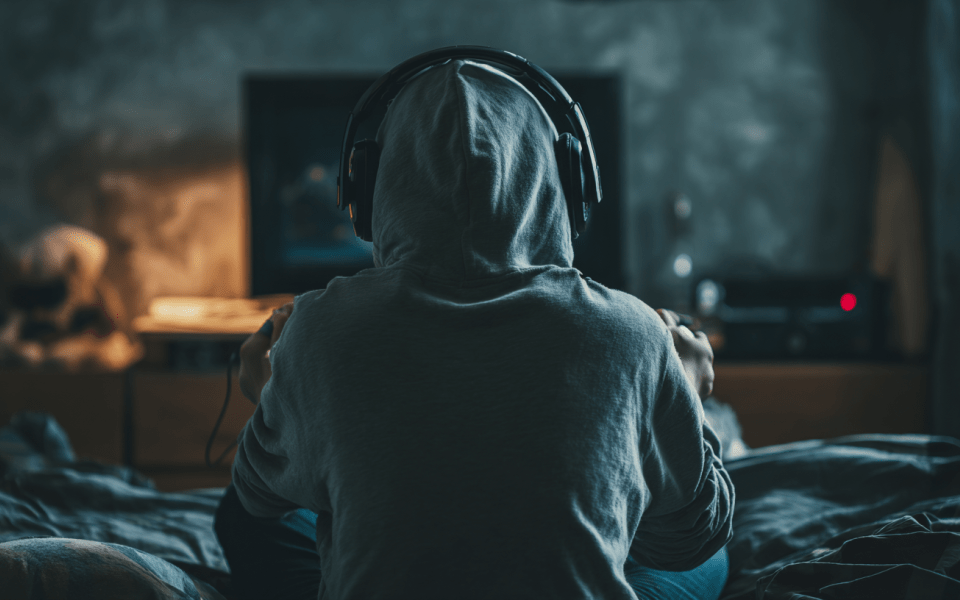 Ryggbild på ungdom i luvtröja framför dator