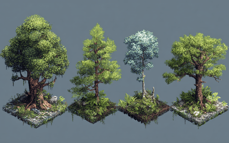 Bilder på fyra olika träd